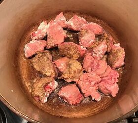 beef stew stove top picadinho with beef cubes, Floured beef cubes cooking in a dutch oven for Brazilian Beef Stew Stove Top recipe