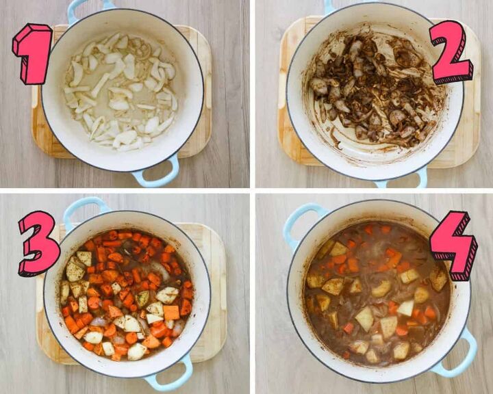 creamy pumpkin and sweet potato soup gluten free vegan, process shots showing sweet potato and pumpkin soup being cooked in a pot