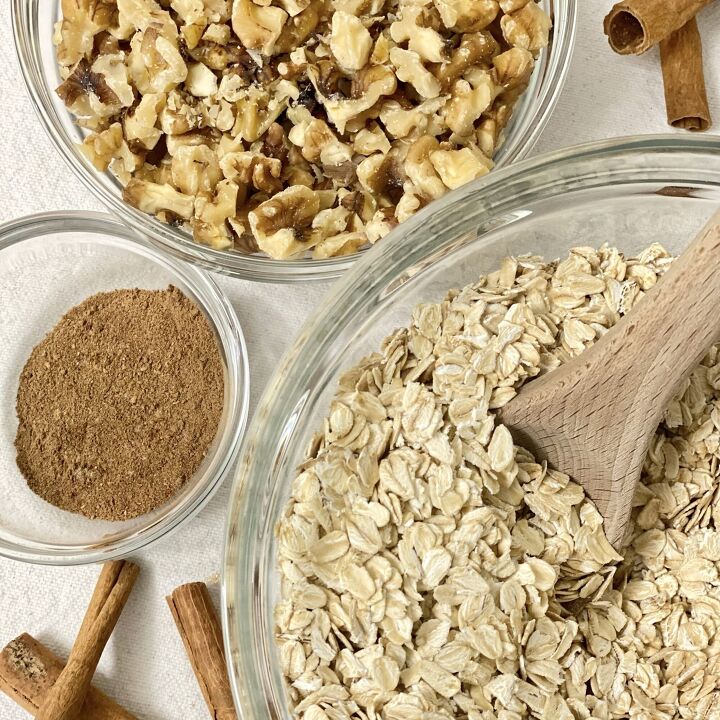 merry christmas granola, Rolled oats warm spices and nuts in bowls