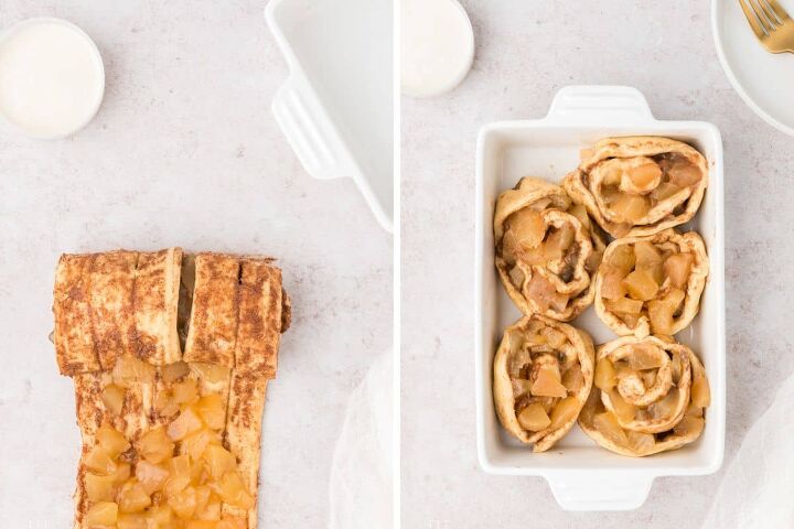cinnamon rolls with apple pie filling, Rolling the cinnamon rolls and placing them in a baking dish