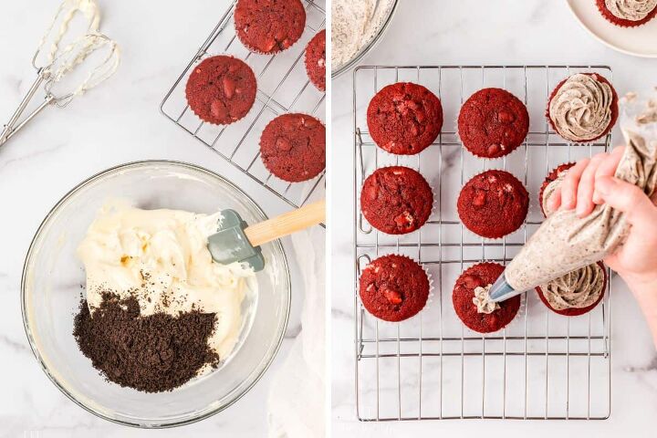 oreo red velvet cupcakes with oreo cream cheese frosting, Stirring the cookie crumbs into the cream cheese frosting and then using a piping bag to decorate the cupcakes