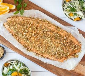 baked salmon fillet with dukkah, baked salmon fillet with dukkah crumb on wooden board