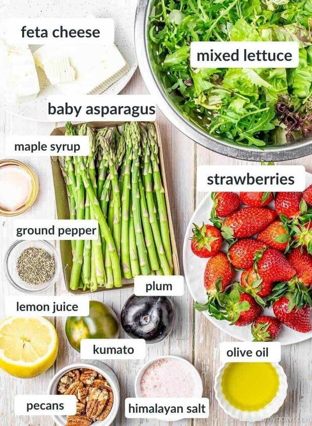 summer salad with strawberries pecans and plums, summer salad ingredients flatlay
