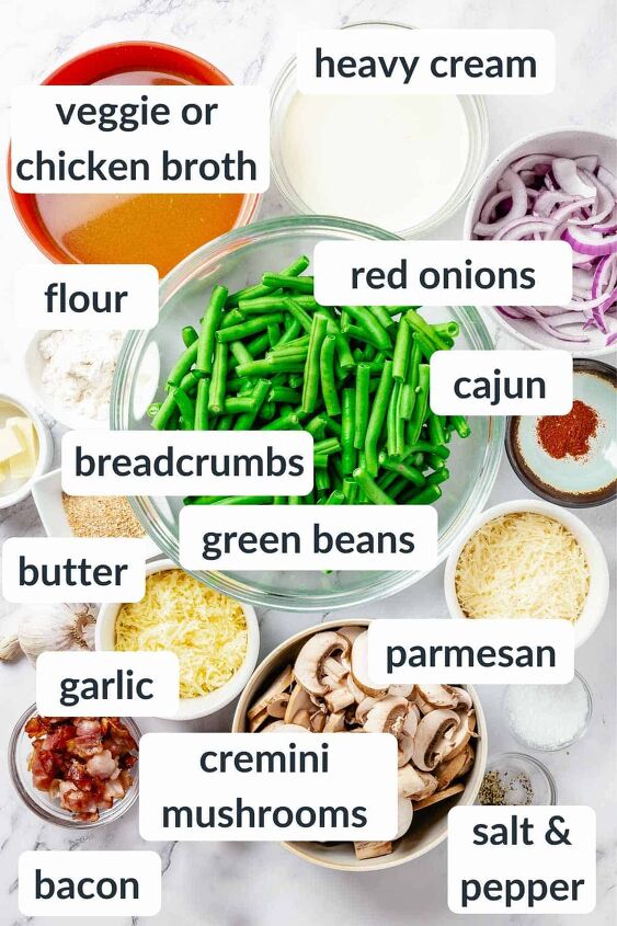 cheesy green bean casserole with bacon, Overhead shot of ingredients for Green Bean Casserole