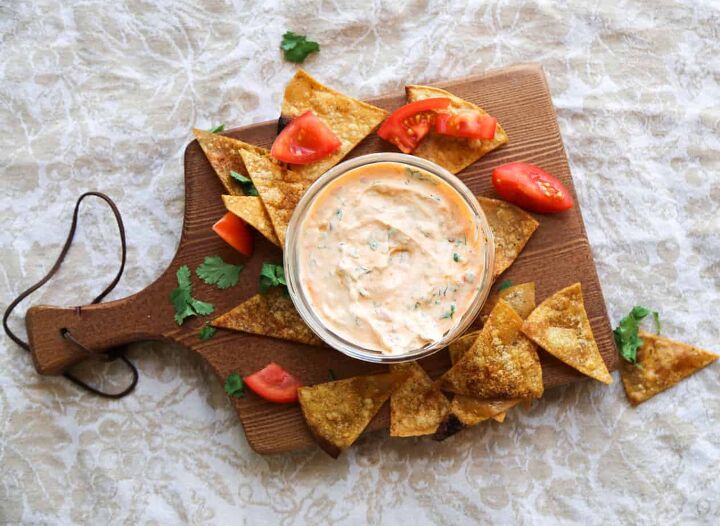 harissa yogurt sauce, Harissa yogurt sauce with tortilla chips on a cutting board
