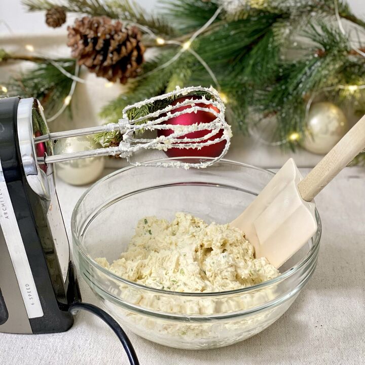rudolph christmas cheese ball, Cheese mixture in a glass bowl with an electric hand mixer next to it