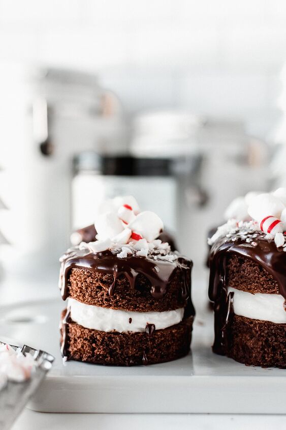 Mini peppermint hot cocoa cakes on parchment paper