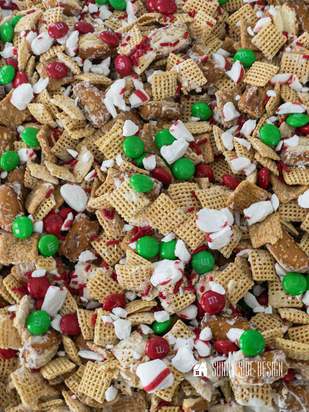 Festive Gift Idea for Neighbors sweet and salty Christmas Chex mix with red and green M M candy peppermint candy and red candy sprinkles
