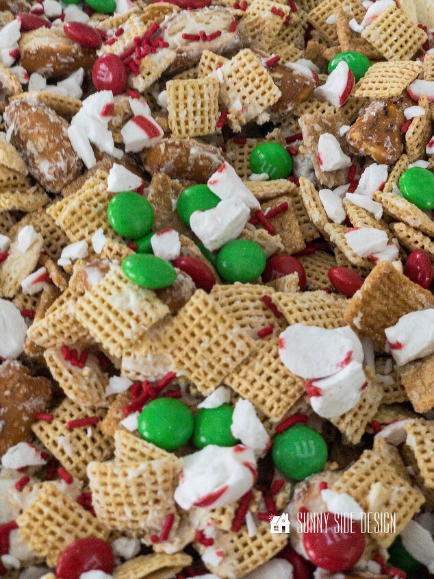 Festive Gift Idea for Neighbors sweet and salty Christmas Chex mix with red and green M M candy peppermint candy and red candy sprinkles