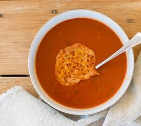 healthy homemade tomato soup very low fat, Healthy Homemade Tomato Soup in white bowl with cheese crisp on top
