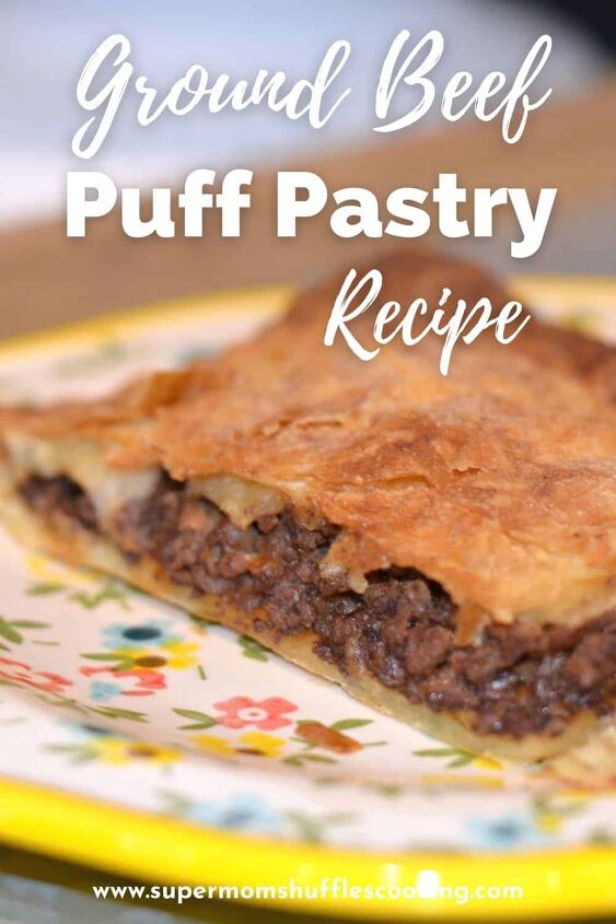 simple ground beef puff pastry recipe, Simple Ground Beef Puff Pastry slice on a yellow plate with flowers