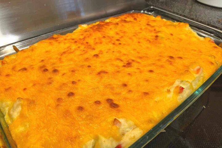 easy twice baked mashed potato casserole recipe, Easy Twice Baked Mashed Potato Casserole process photo showing the finished casserole baked and out of the oven