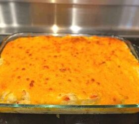 easy twice baked mashed potato casserole recipe, Easy Twice Baked Mashed Potato Casserole process photo showing the finished casserole baked and out of the oven with the entire dish visable