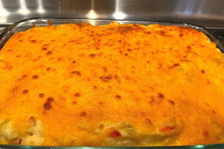 easy twice baked mashed potato casserole recipe, Easy Twice Baked Mashed Potato Casserole process photo showing a close up of the finished dish with the melted cheese on top