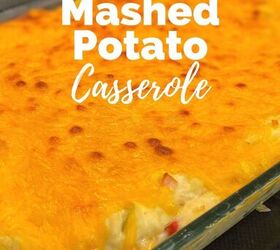 easy twice baked mashed potato casserole recipe, Easy Twice Baked Mashed Potato Casserole process photo showing the finished casserole baked and out of the oven with title across the picture