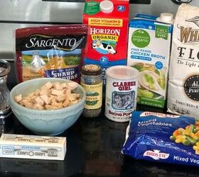 creamy cheddar chicken and biscuits casserole recipe, Ingredients for cheddar chicken and biscuits including salt pepper cheese cooked and cubed chicken butter milk thyme baking powder chicken broth flour baking powder and frozen mixed vegetables