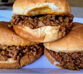 old fashioned sloppy joes recipe, three old fashioned sloppy joes with meat spilling out