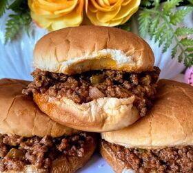 old fashioned sloppy joes recipe, three sloppy joes stacked in buns