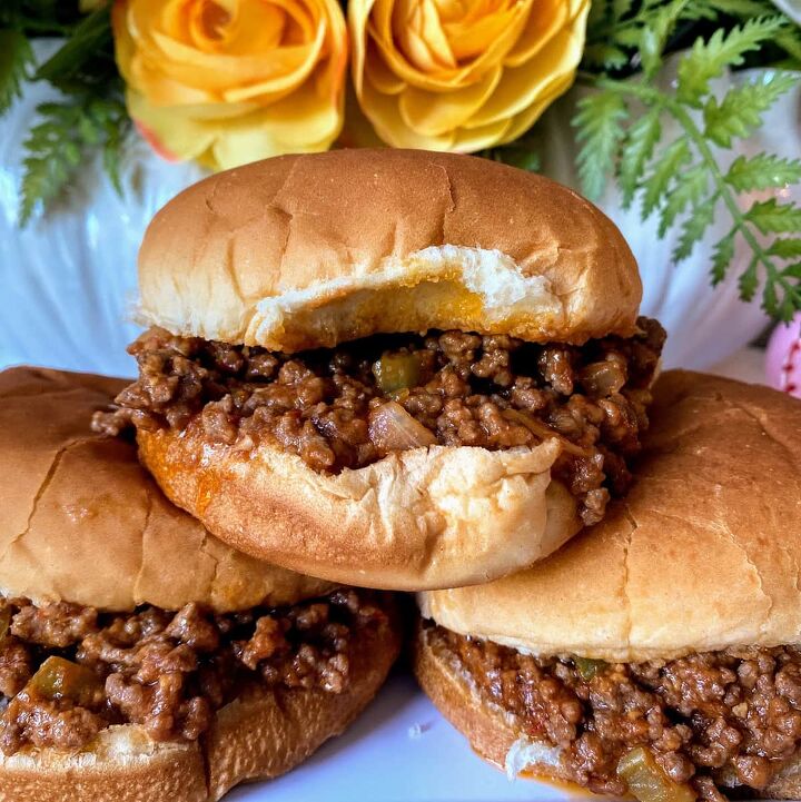 old fashioned sloppy joes recipe, three sloppy joes stacked in buns