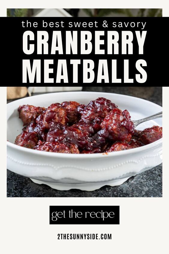 Pinterest image cranberry meatballs in a white serving dish