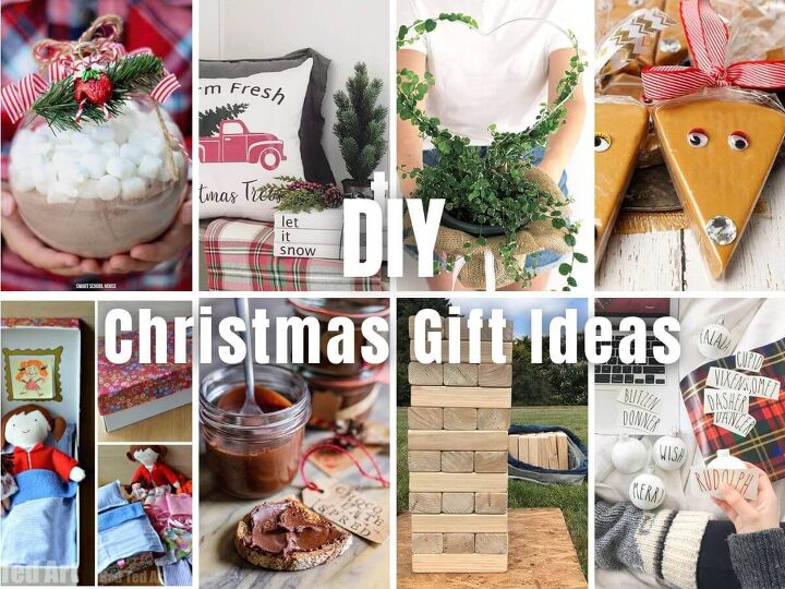 Collage image of 8 DIY Christmas gift ideas from edible sweet treats to diy games