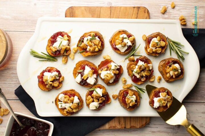 sweet potato appetizers with cranberry sauce and walnuts eat mediter