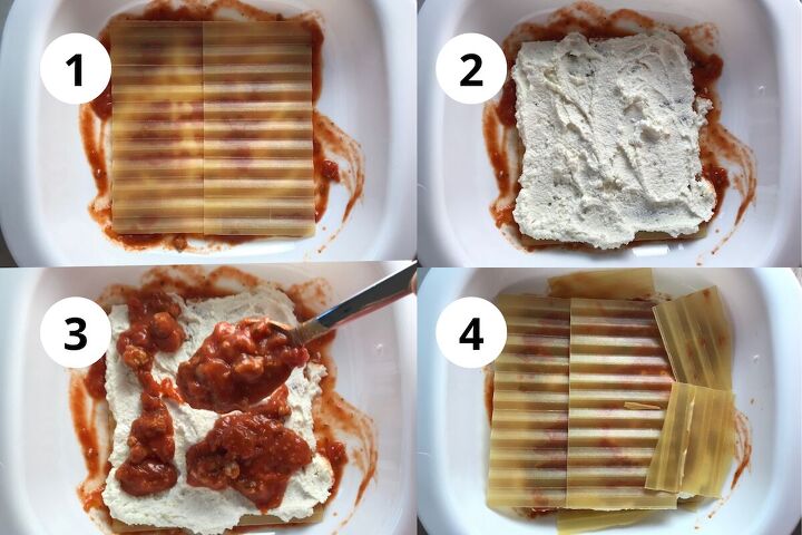 layered lasagna recipe with italian chicken sausage, 4 Images to show process of layering the lasagna with noodles ricotta sauce in casserole dish for this Easy Italian Sausage Chicken Lasagna Recipe It s the stuff that dreams are made of Layers of pasta creamy ricotta salty chewy mozzarella salty and hearty Italian Sausage and sweet and tangy tomato sauce