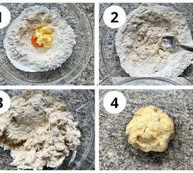 brazilian pastel recipe with beef filling, Four picture collage of making the Brazilian Pastel recipe dough Top left shows flower with egg yoke and butter in center then fork starting to mix then continuing to mix and finally the dough ball