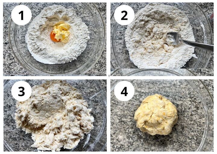 brazilian pastel recipe with beef filling, Four picture collage of making the Brazilian Pastel recipe dough Top left shows flower with egg yoke and butter in center then fork starting to mix then continuing to mix and finally the dough ball