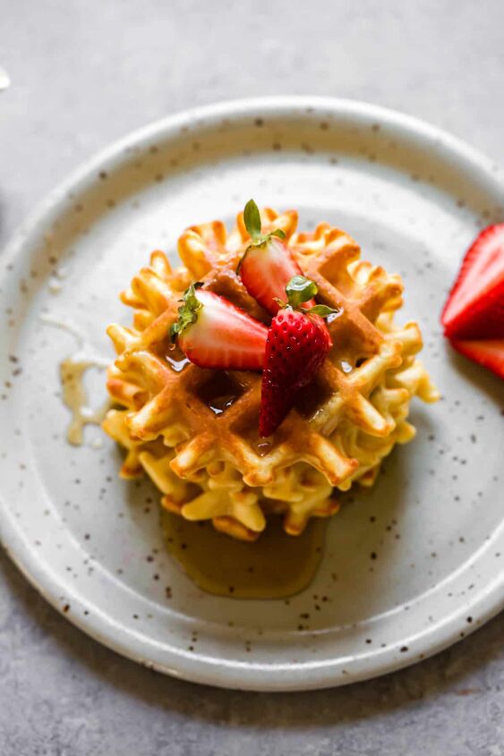 gluten free waffles with almond flour, gluten free waffles with strawberries overhead shot