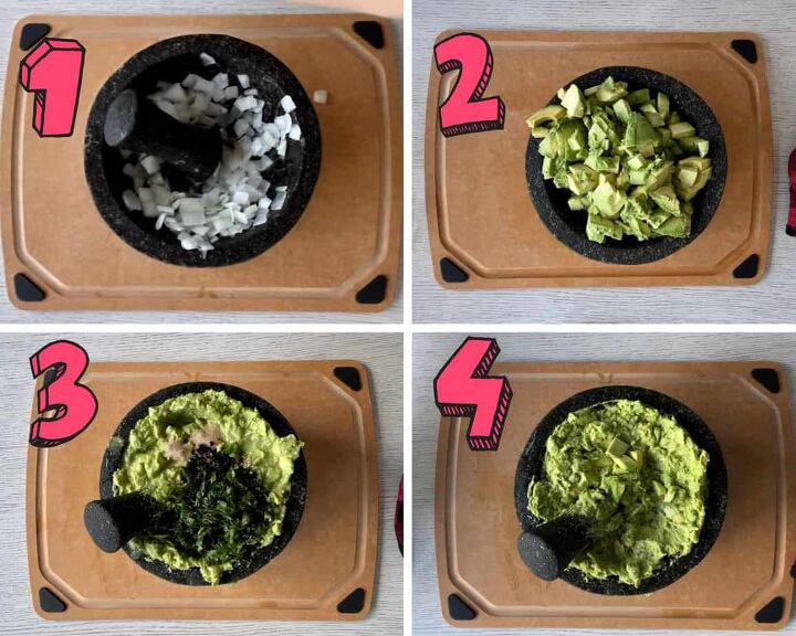 tasty guacamole recipe without tomatoes, process shots showing how to make guacamole recipe without tomatoes in a mortar and pestle