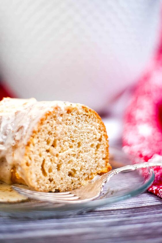 eggnog bundt cake, low angle shot of a slice of e