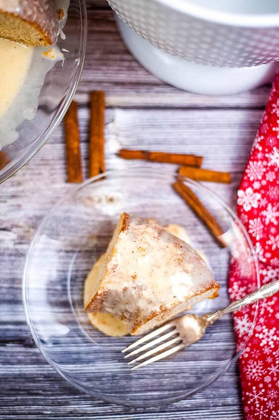 eggnog bundt cake, overhead shot of a slice of egg nog bundt cake