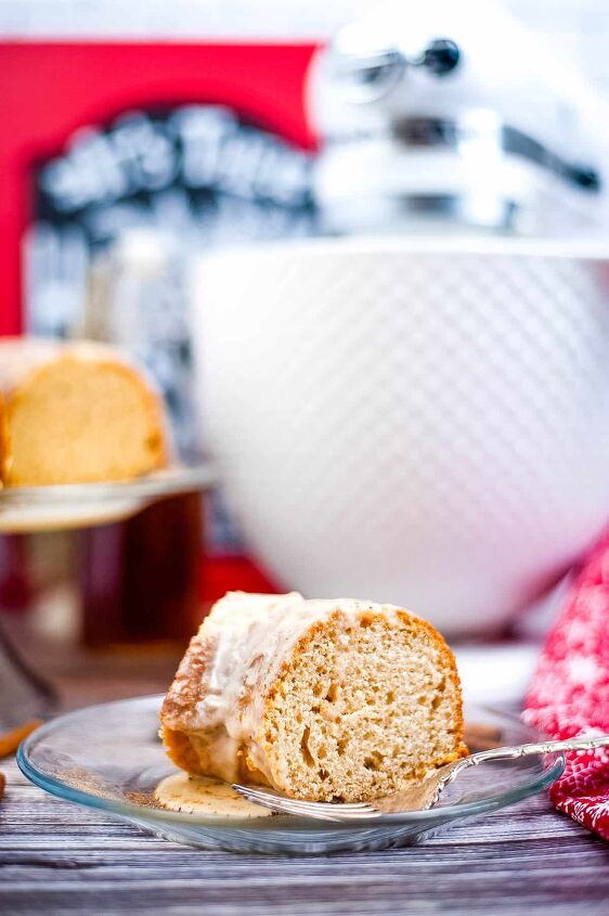 eggnog bundt cake, low angle shot of a piece of eggnog bundt cake