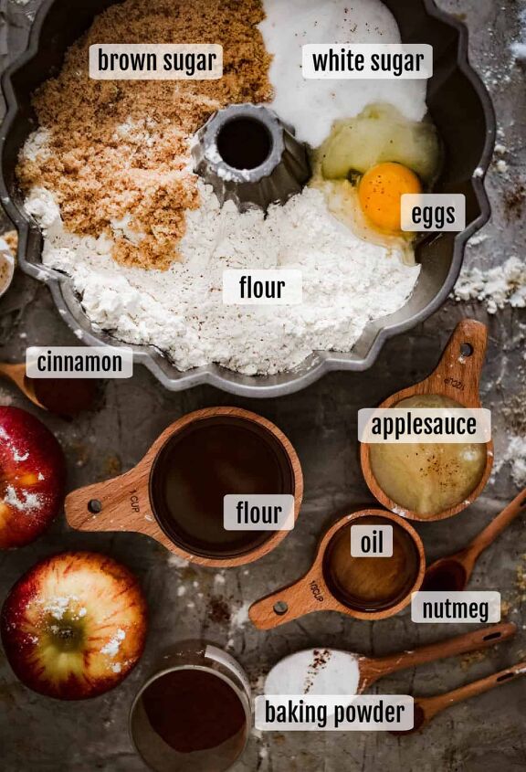 apple cider donut cake, Overhead shot of the ingredients needed to make this apple cider donut cake