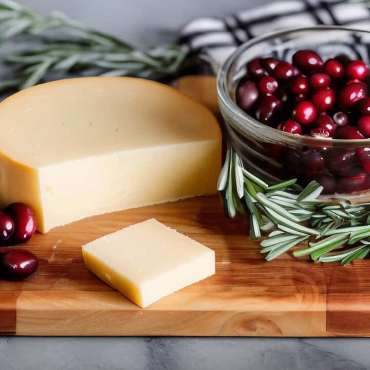 russian cheese salad recipe, cheese rosemary and cranberries on a cutting board