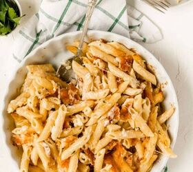 baked penne with pancetta and scamorza, A view from above Baked Cheesy Pennette in a white pan