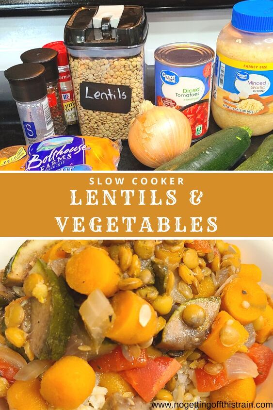 slow cooker lentils and vegetables, Lentils and vegetables with text Slow cooker lentils and vegetables