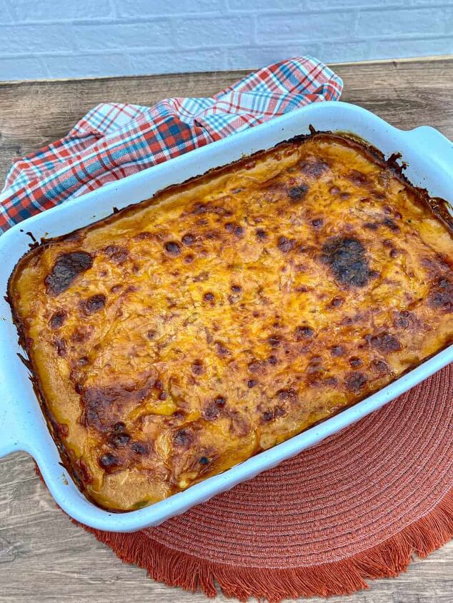 king ranch chicken casserole happy honey kitchen, Fully cooked King Ranch Chicken Casserole in a large baking dish with bubbling cheese on the top