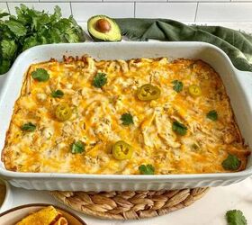 sour cream chicken enchilada casserole happy honey kitchen, Tex Mex casserole in a large baking dish with melted cheese and jalapeno peppers on top