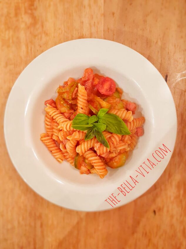 authentic pasta with zucchini bacon tomato sauce italian recipe, Pasta with zucchini