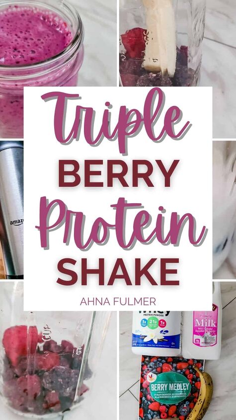 triple berry protein shake, With 30g of protein this creamy flavorful triple berry protein shake recipe is a delicious boost of belly flattening muscle building protein