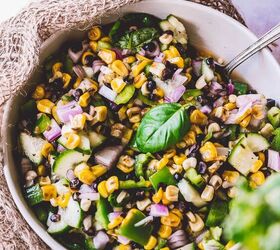 easy grilled corn salad, vegan grilled corn salad topped with fresh basil