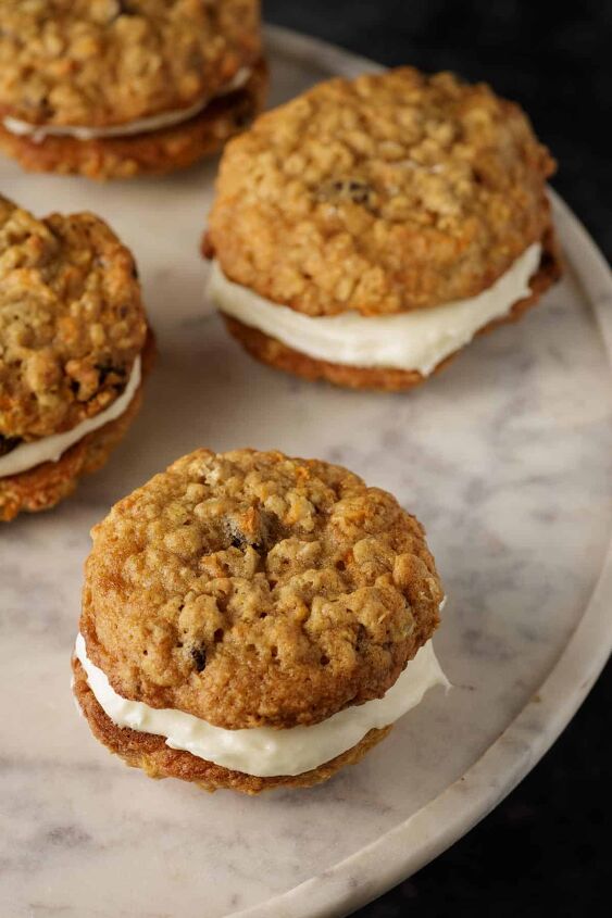 carrot cake cookies, A marble platter with cream cheese filled carrot cake cookiees