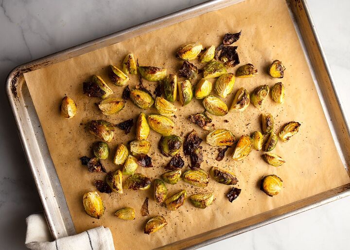 brussels sprouts with pancetta pecans, oven roasted Brussels sprouts on baking sheet
