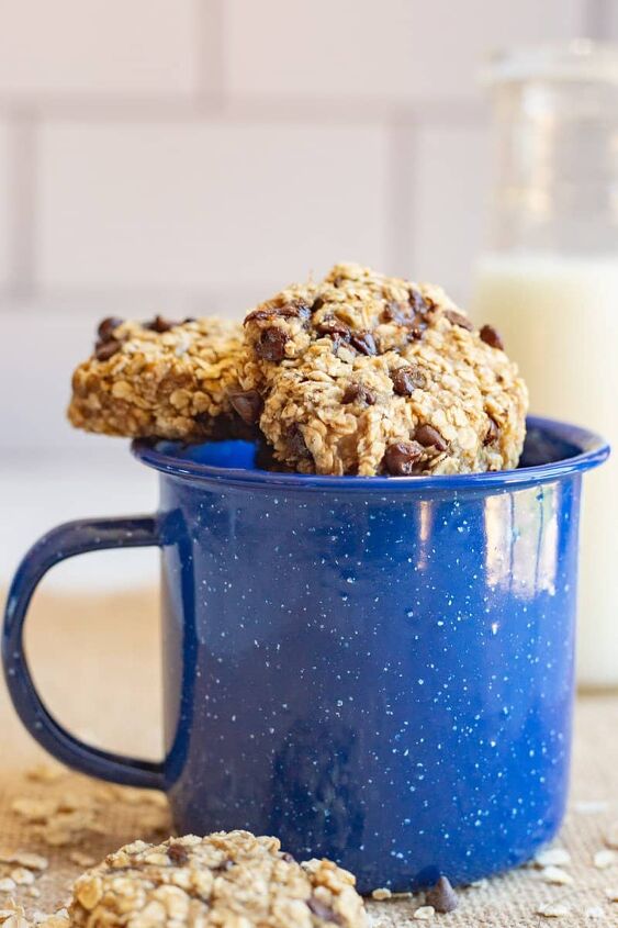 3 ingredient banana oatmeal cookies, Blue mug filled with banana oatmeal breakfast cookies