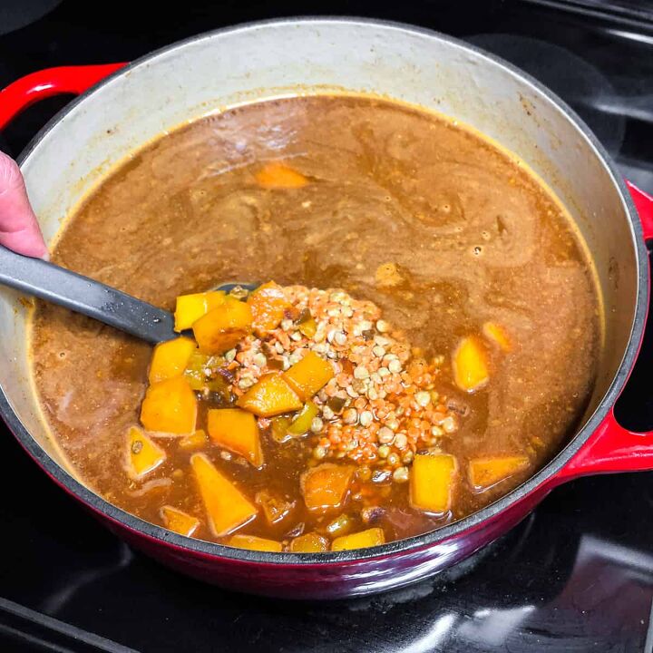 vegetarian chili dutch oven or slow cooker, Pour in the vegetable broth and lentils bring to a simmer then turn to low and cover