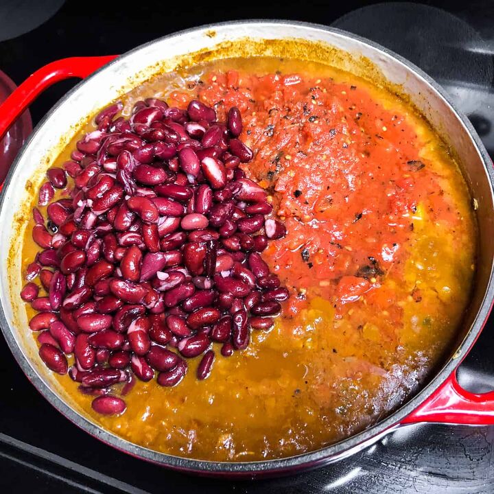 vegetarian chili dutch oven or slow cooker, Once the lentils are soft add the diced tomatoes and kidney beans