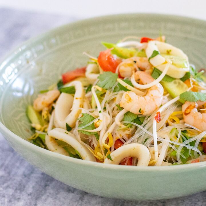 simple thai seafood salad, seafood salad in a serving bowl