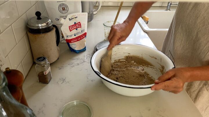 easy sourdough rye bread, mixing the dough in large bowl on kitchen counter